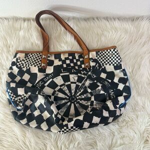 L.A.M.B. Gwen Stefani Black and White Checkered Tote with Brown Handles